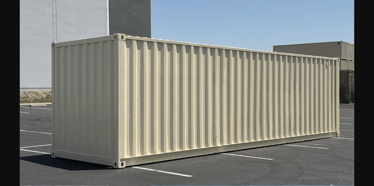 30ft refurbished beige storage container side view with fresh RAL1015 paint - Containers Direct Pty Ltd